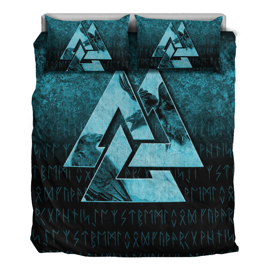 Viking Bedding Set Huginn Muninn Ravens from Odin Viking Cyan Version