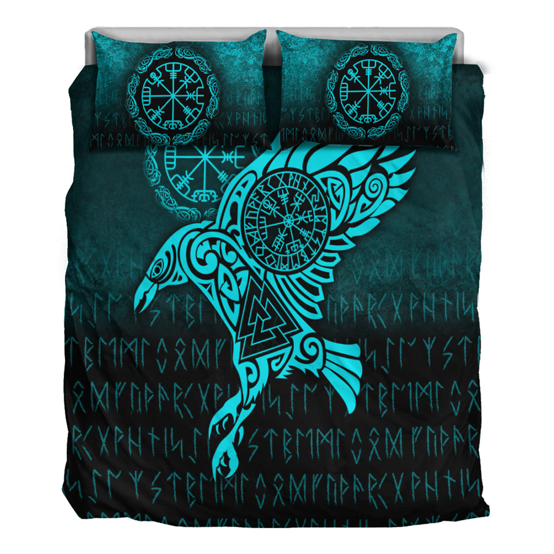 Viking Bedding Set Raven Vegvisir Tattoo Cyan Version