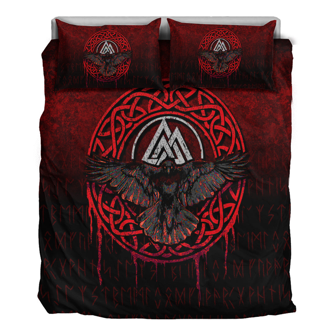 Viking Bedding Set Valhalla Norse Mythology Raven Black Crow Viking Red Version