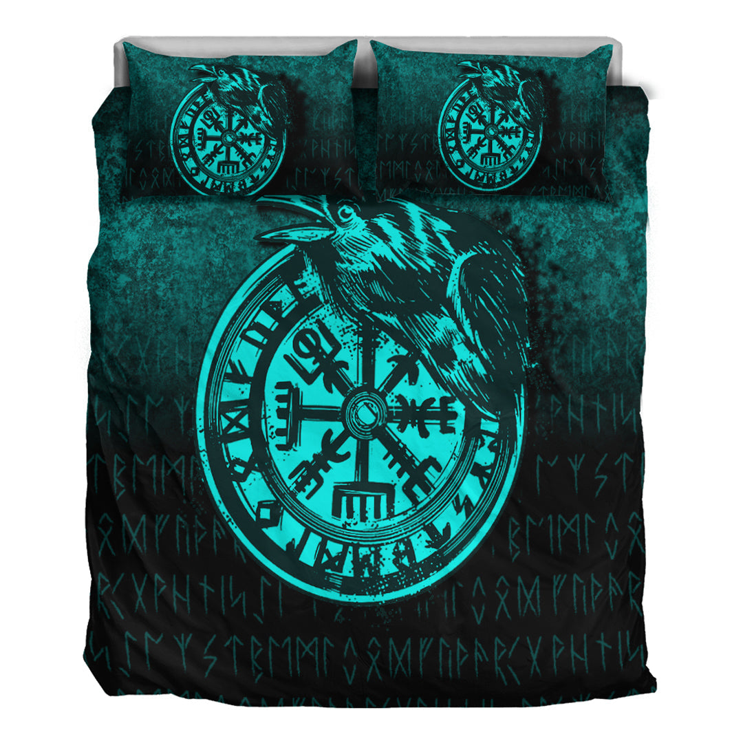 Viking Bedding Set Viking Vegvisir Rune with Crow Cyan Version