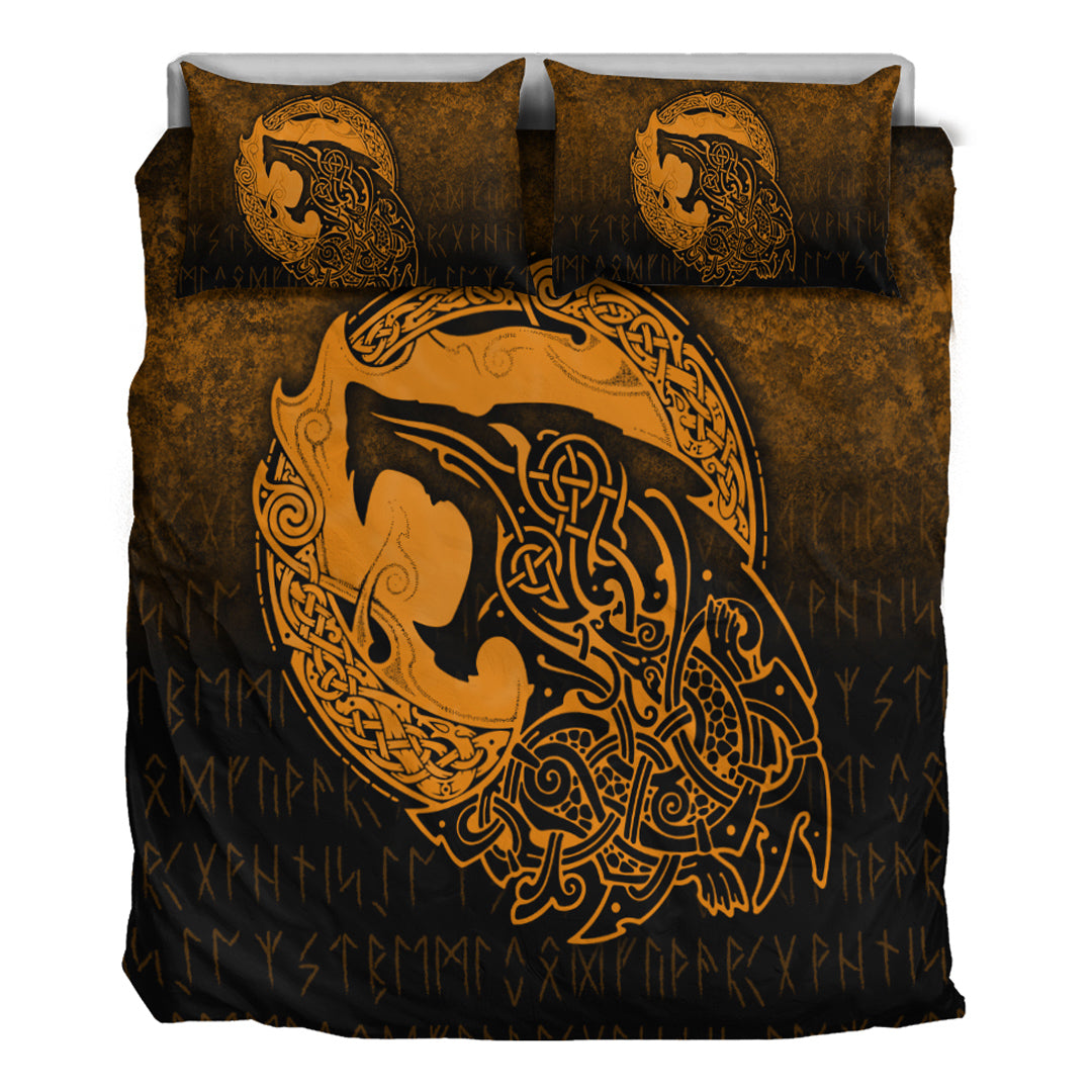 Viking Bedding Set Fenrir Viking 3D Tattoo Gold Version