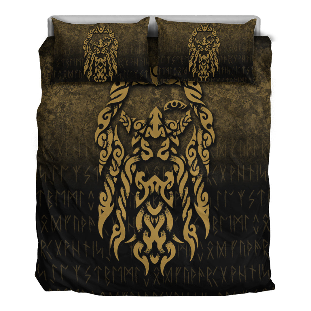 Viking Bedding Set Viking God Odin Allfather In Asgard Raven God Gold Version