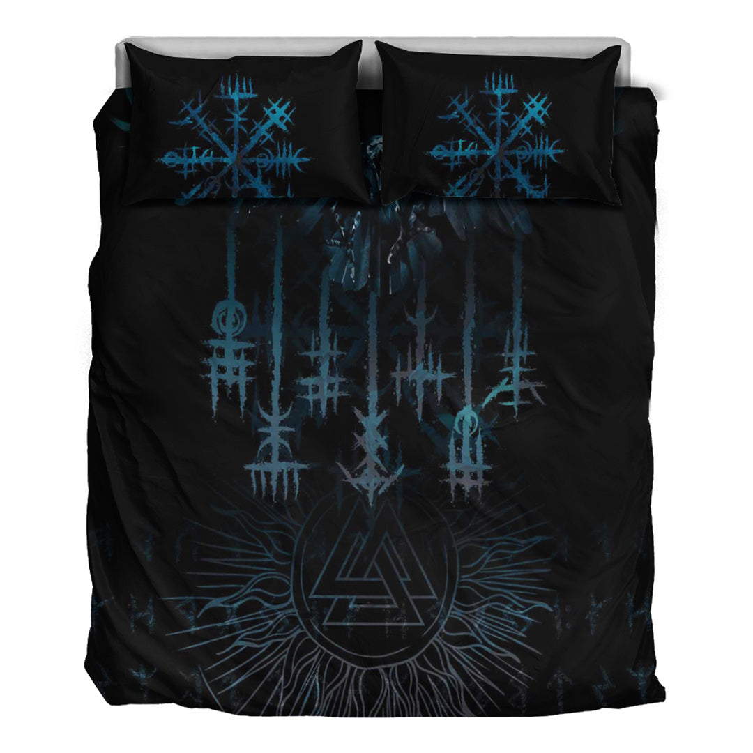 Viking Bedding Set Raven and Valknut Cyan Style