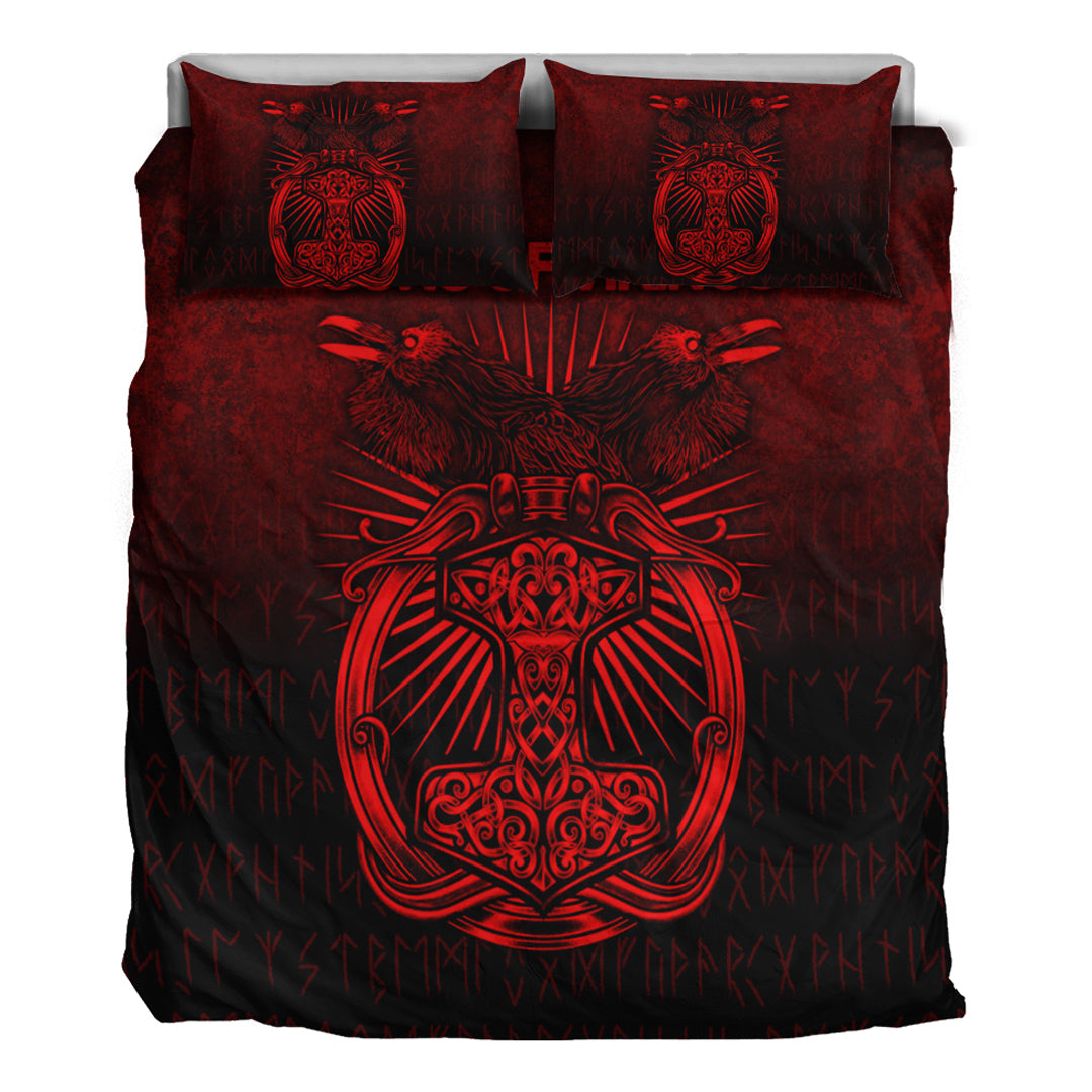 Viking Bedding Set Vikings Ravens Mjolnir Red Version