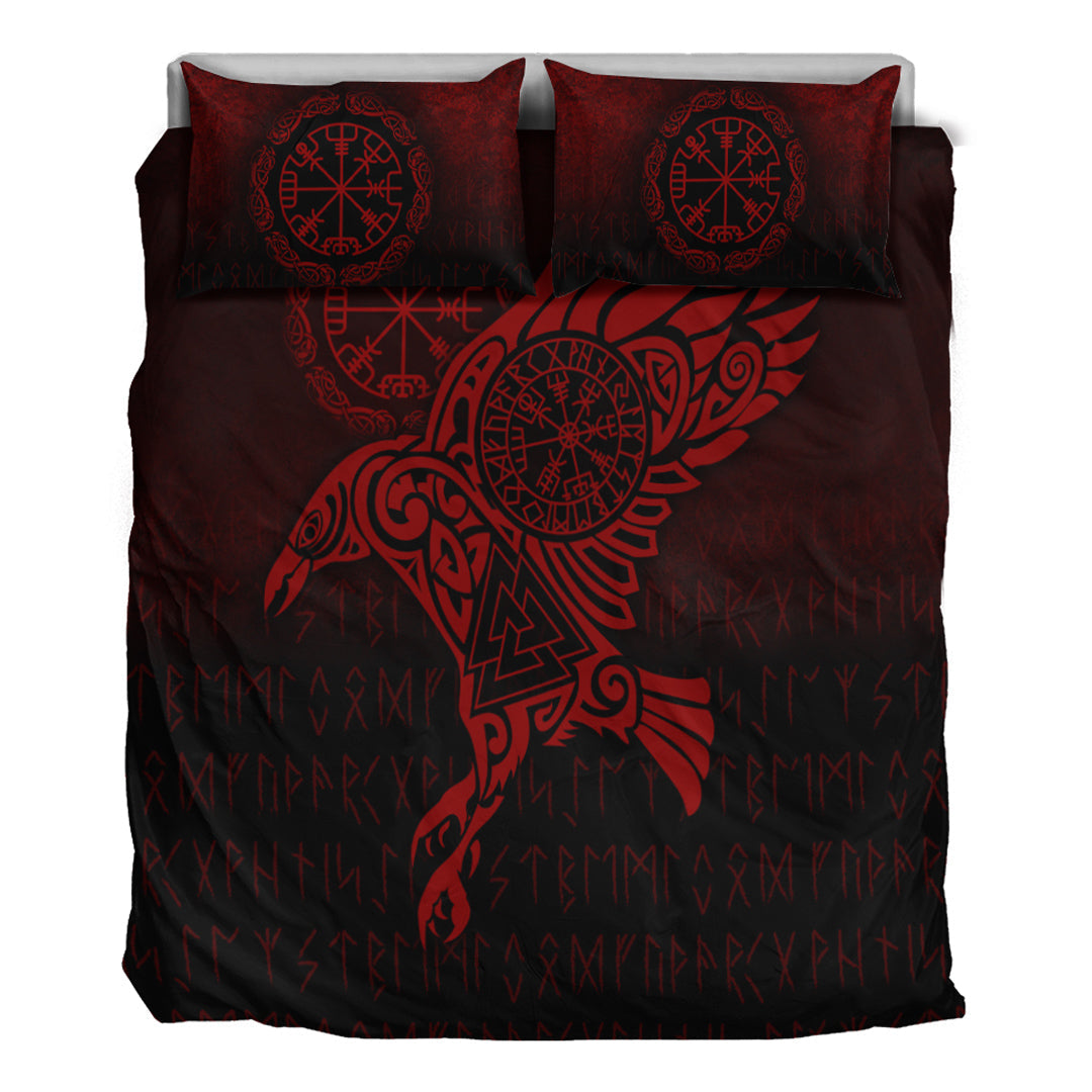 Viking Bedding Set Raven Vegvisir Tattoo Red Version