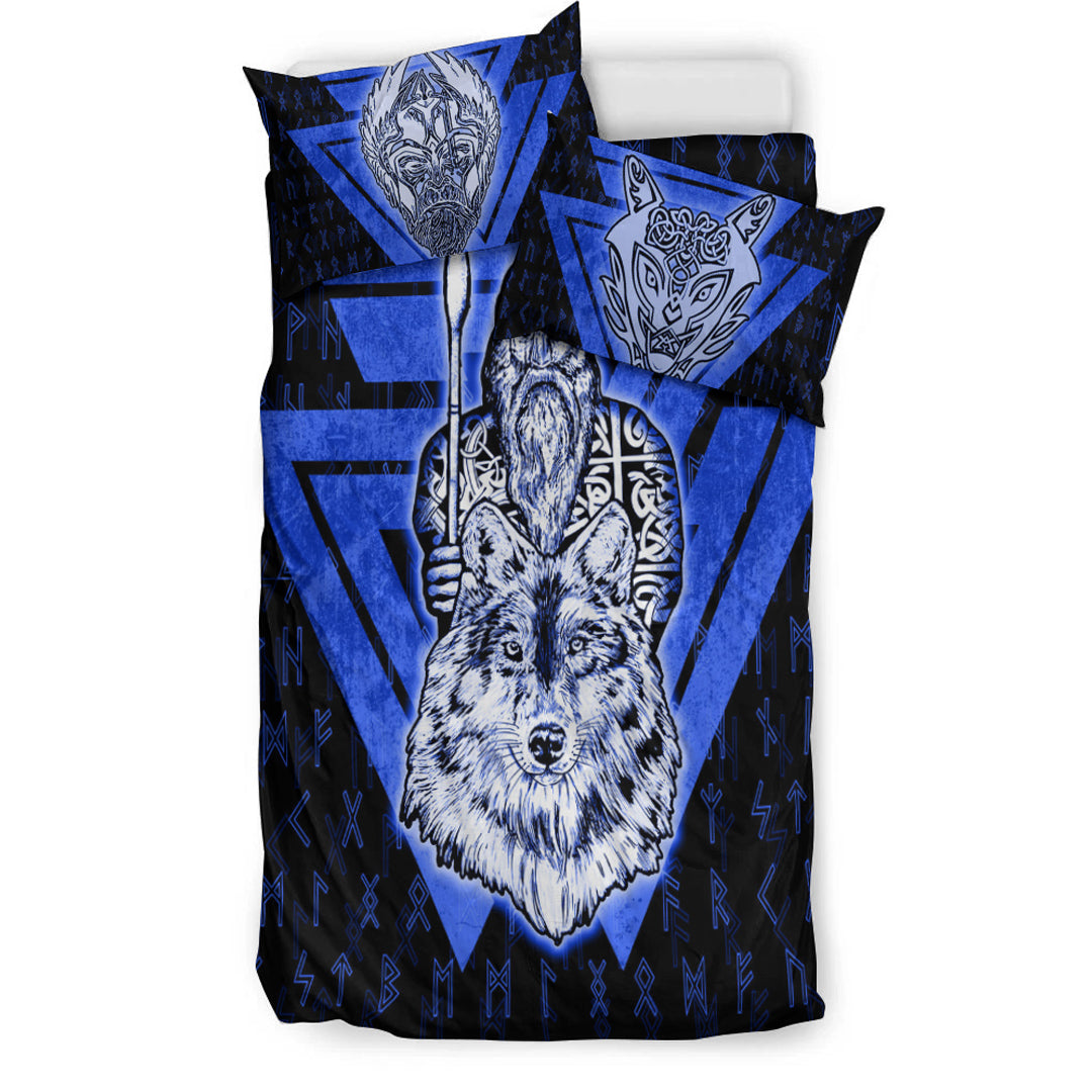 Viking Bedding Set Viking Odin Wolf Blue