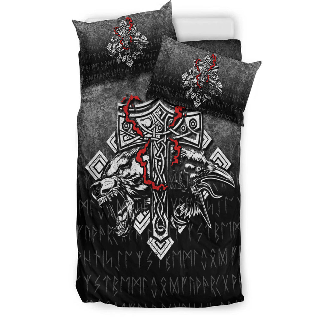 Viking Bedding Set Thor Hammer Mjolnir Rune Protection Odin Raven Style