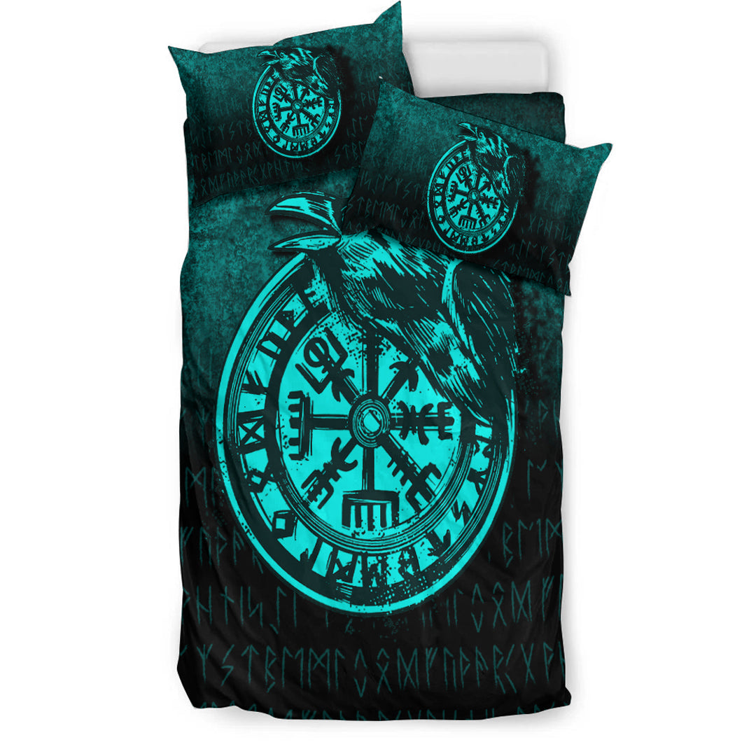 Viking Bedding Set Viking Vegvisir Rune with Crow Cyan Version