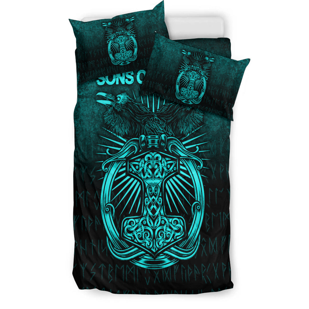 Viking Bedding Set Vikings Ravens Mjolnir Cyan Version