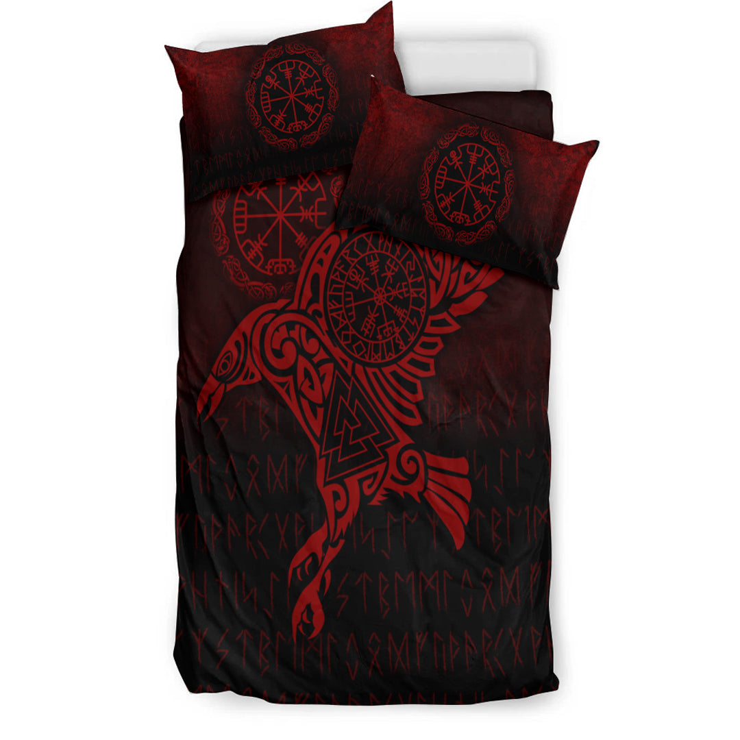 Viking Bedding Set Raven Vegvisir Tattoo Red Version