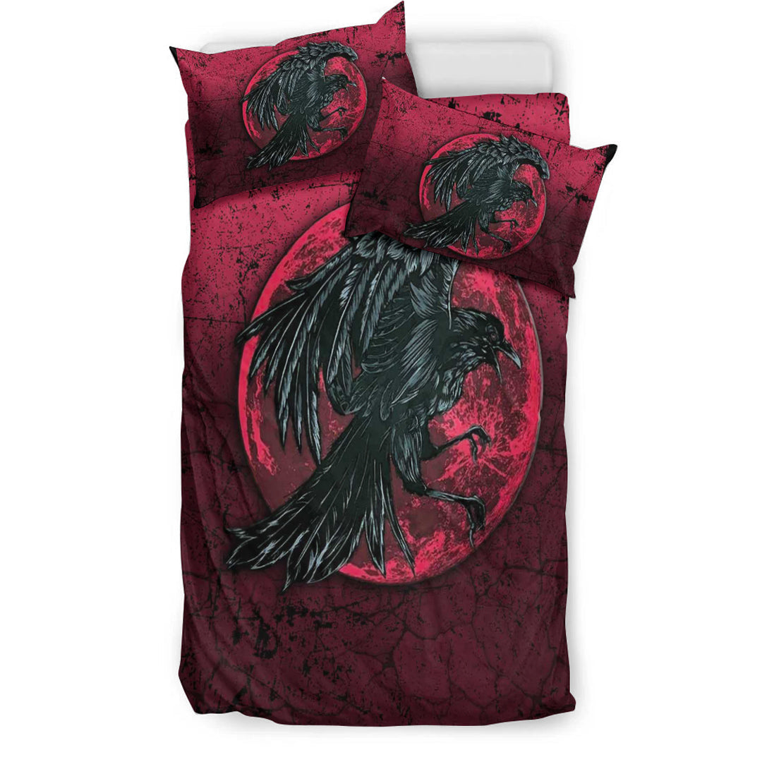 Viking Bedding Set Raven and Blood Moon Brush Style