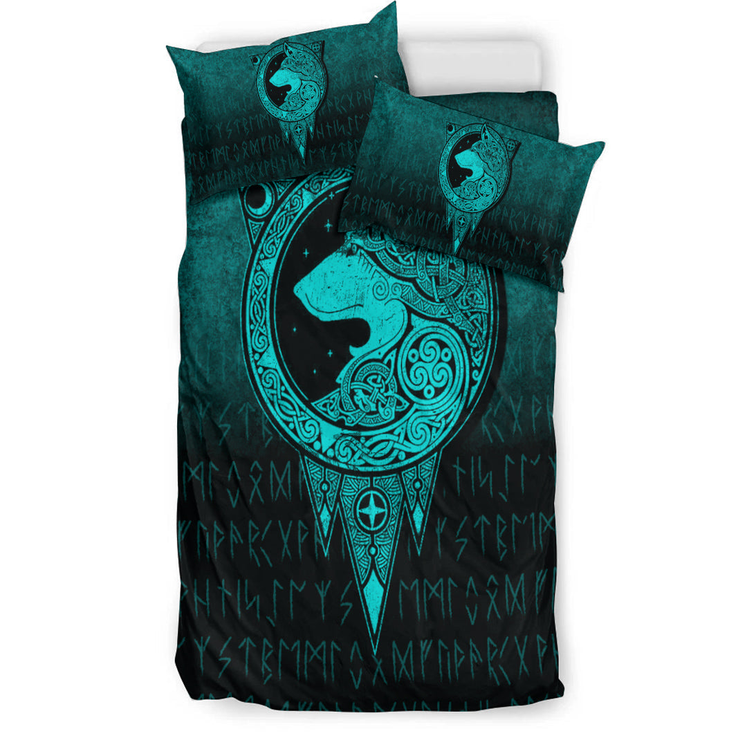 Viking Bedding Set Viking Norse Wolf Cyan Version