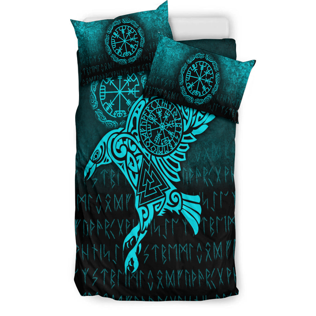 Viking Bedding Set Raven Vegvisir Tattoo Cyan Version