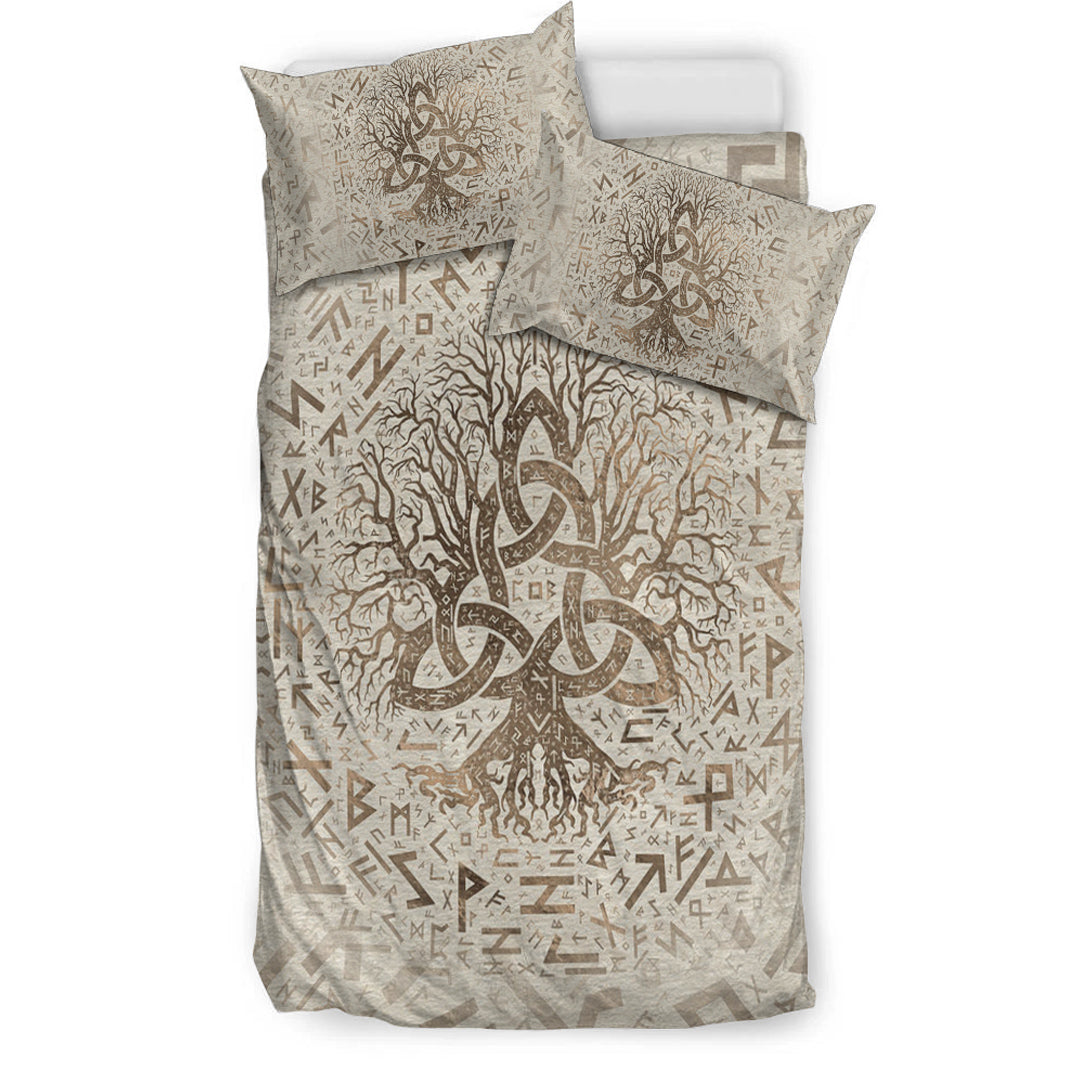 Viking Bedding Set Tree of Life with Triquetra and Futhark Pastel Gold