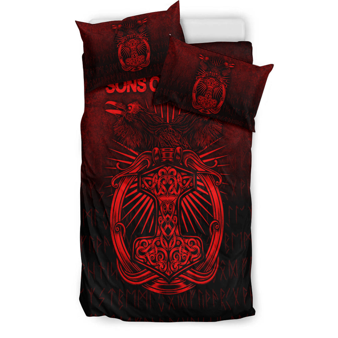 Viking Bedding Set Vikings Ravens Mjolnir Red Version