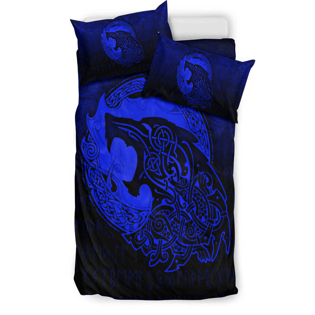 Viking Bedding Set Fenrir Viking 3D Tattoo Blue Version