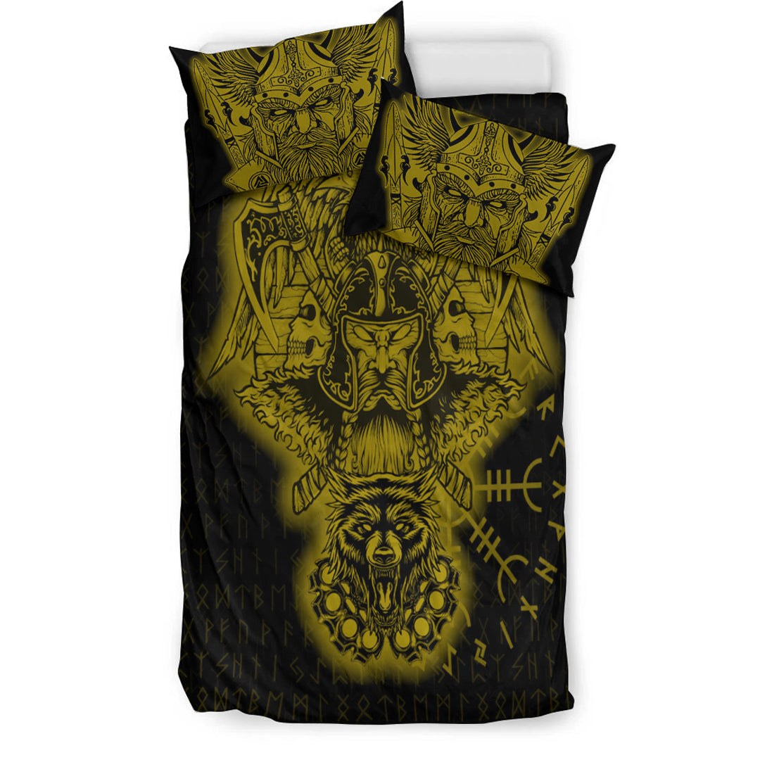 Viking Bedding Set Odin And Raven Wolf Gold