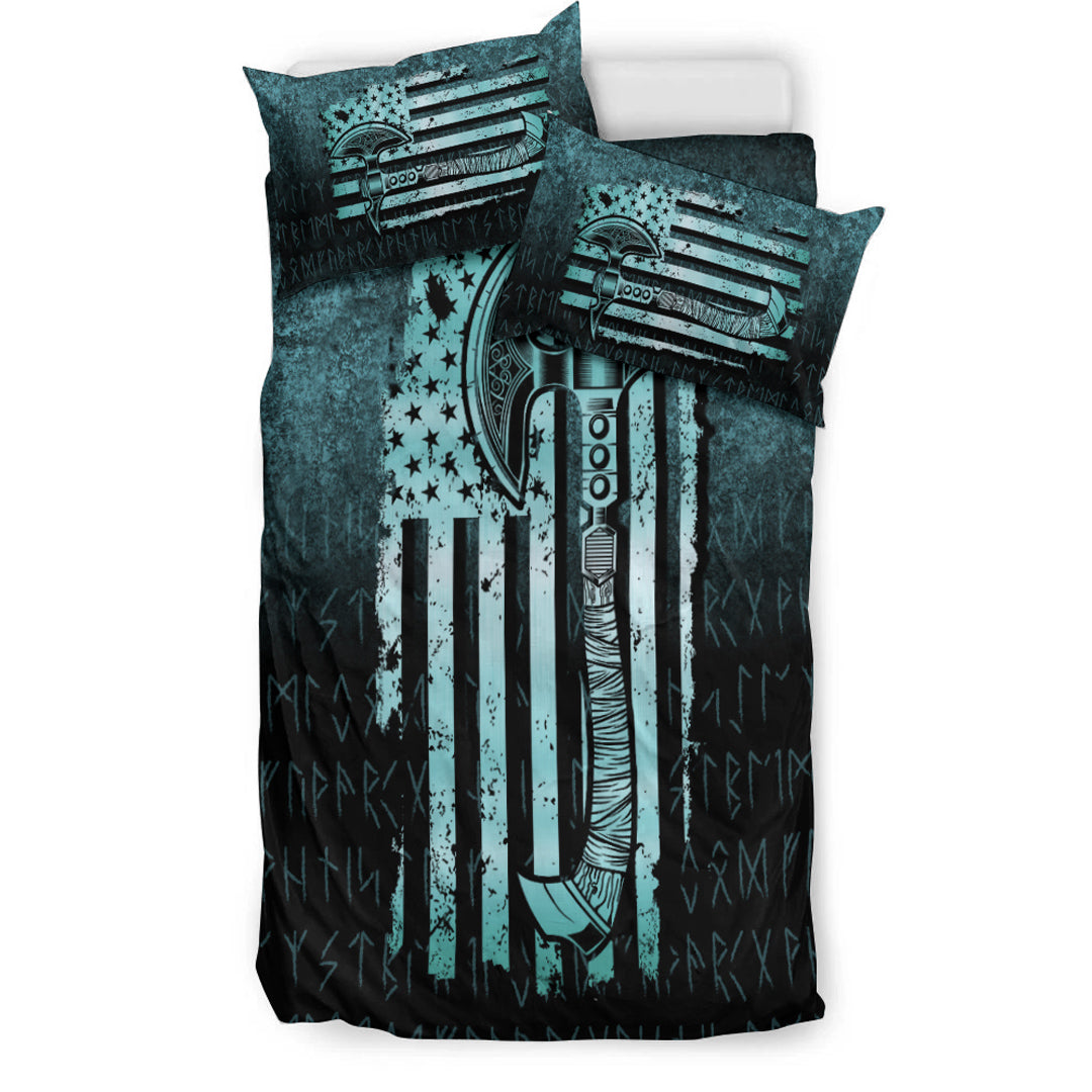 Viking Bedding Set USA Flag Viking Cool American Norsemen Cyan Version