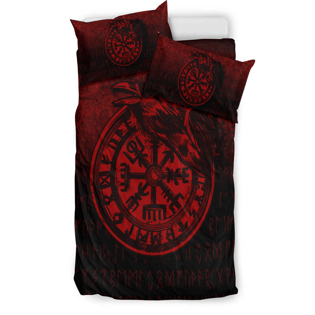 Viking Bedding Set Viking Vegvisir Rune with Crow Red Version