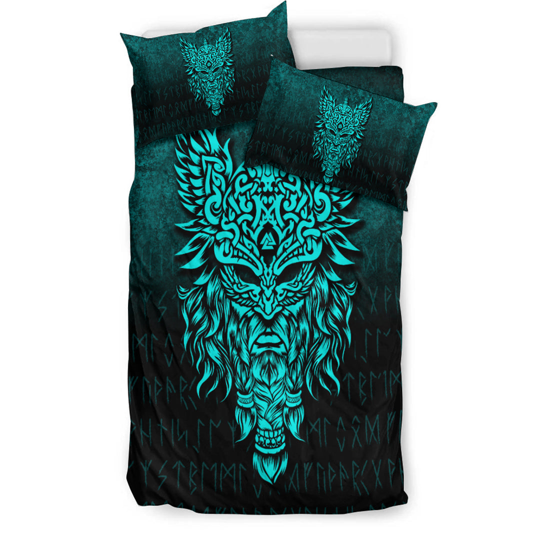 Viking Bedding Set Odin The Allfather Asgard God And Chief Of Aesir Cyan Version