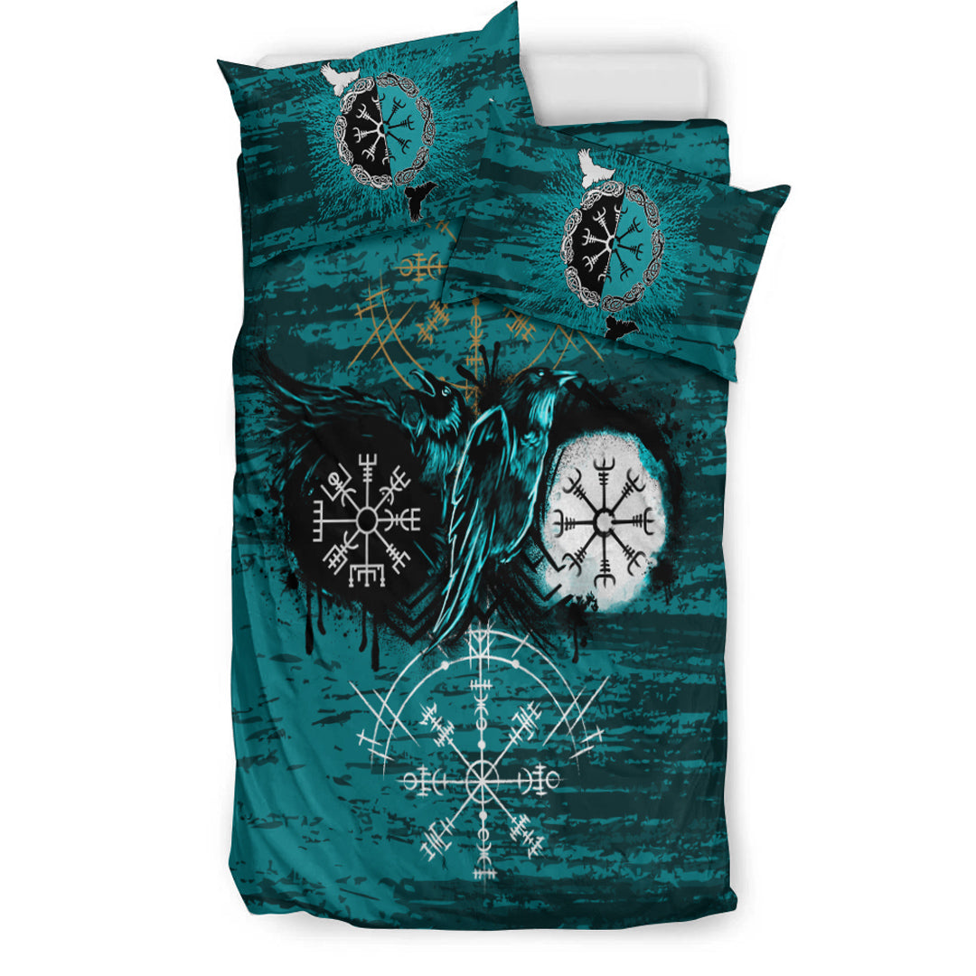 Viking Bedding Set Raven of Odin and Symbol Viking Style Cyan