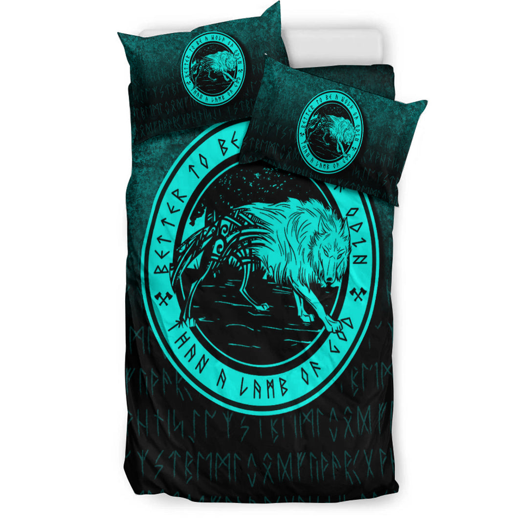 Viking Bedding Set Wolf Of Odin Cyan Version