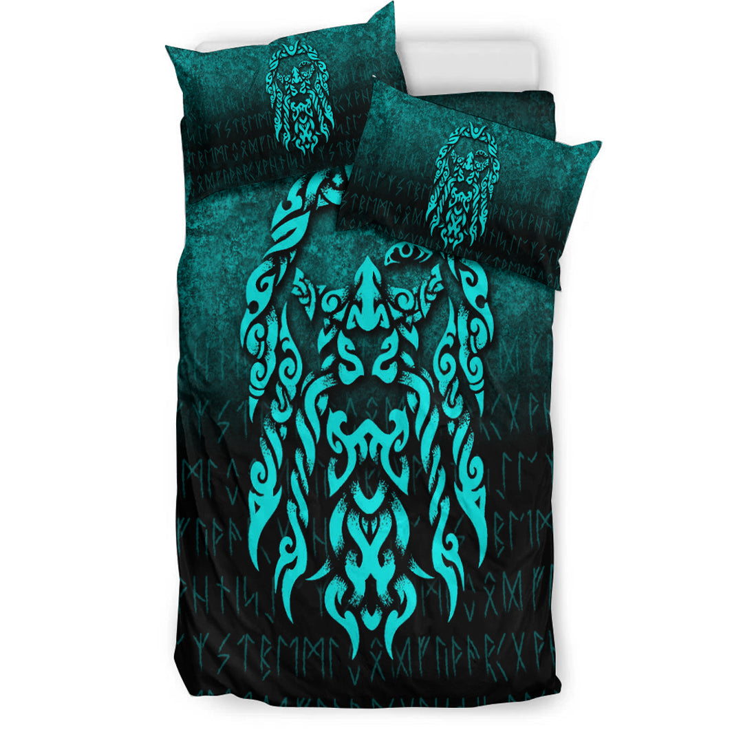 Viking Bedding Set Viking God Odin Allfather In Asgard Raven God Cyan Version