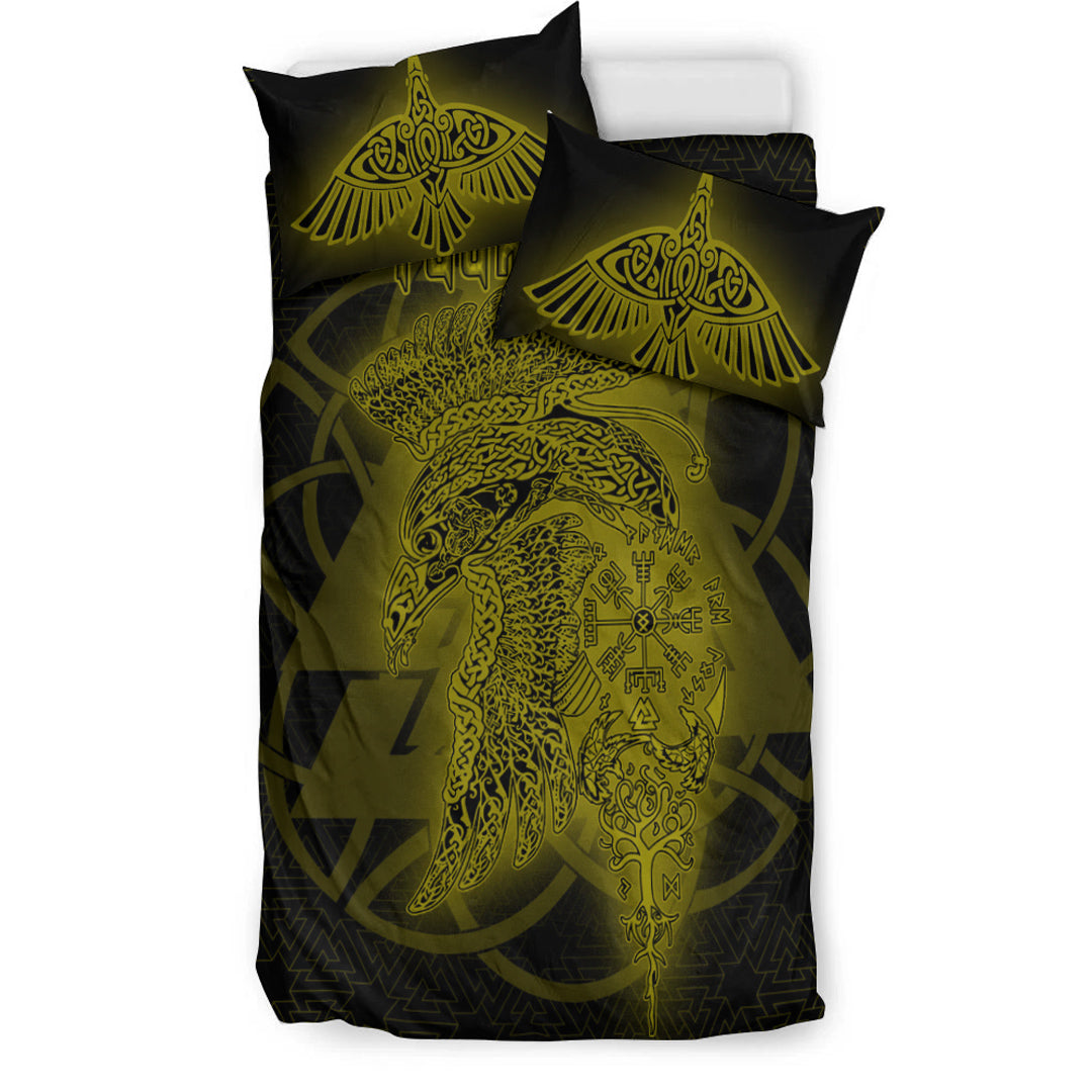 Viking Bedding Set Valknut Raven Gold