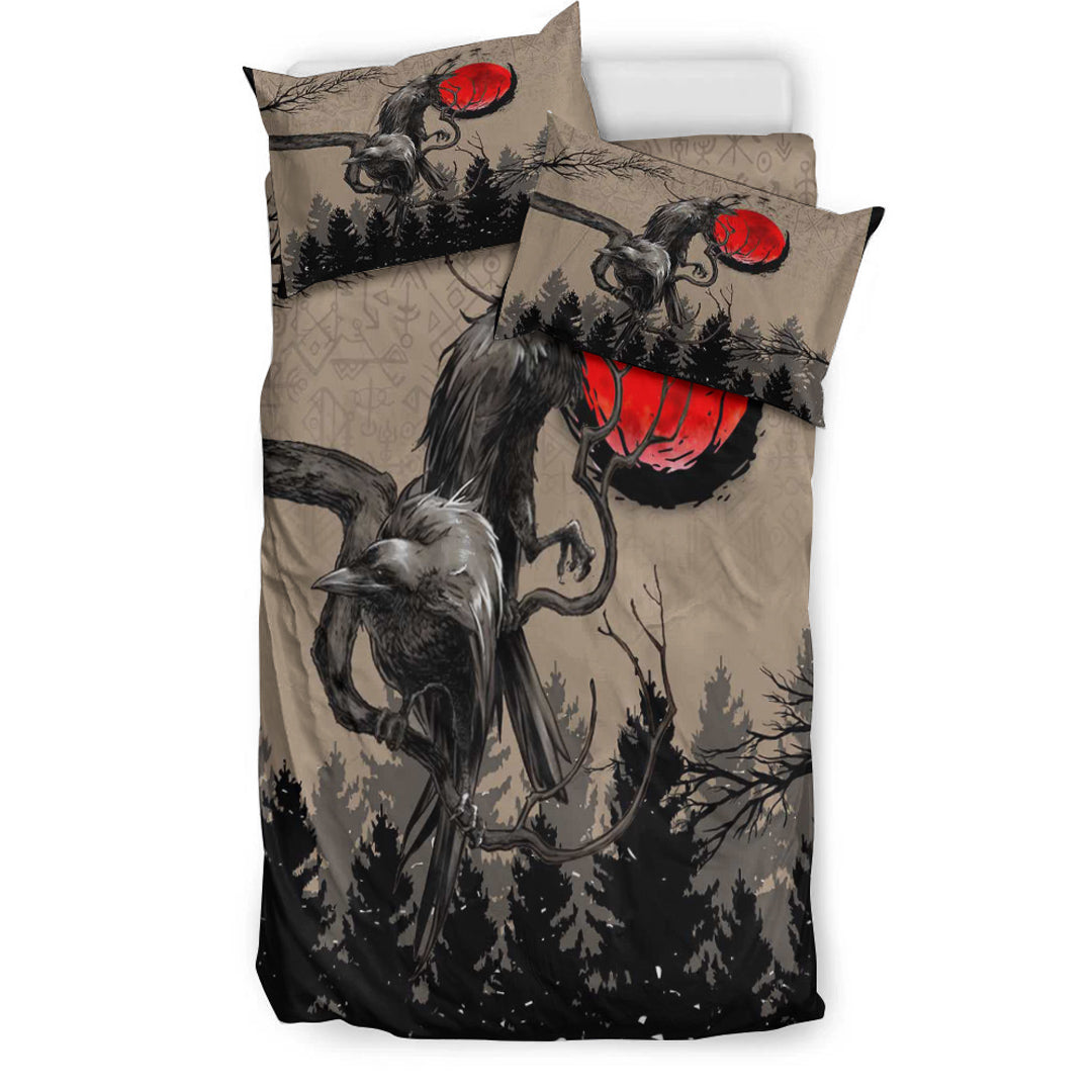 Viking Bedding Set Viking Huginn and Muninn Raven on Tree Branch and Blood Moon