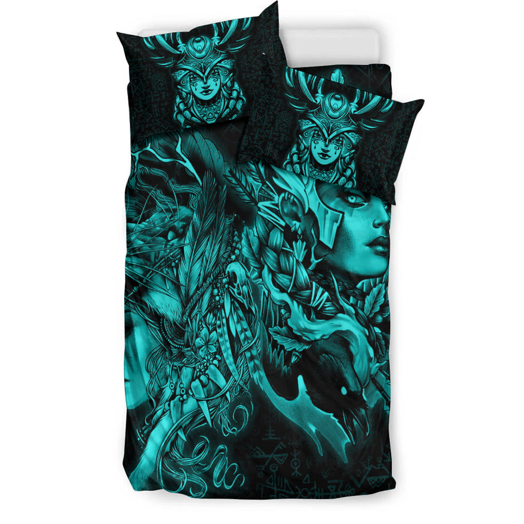 Viking Bedding Set Valkyries And Bear Raven Turquoise Ver02