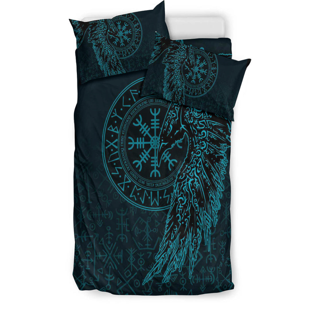 Viking Bedding Set Raven and Helm of Awe Cyan