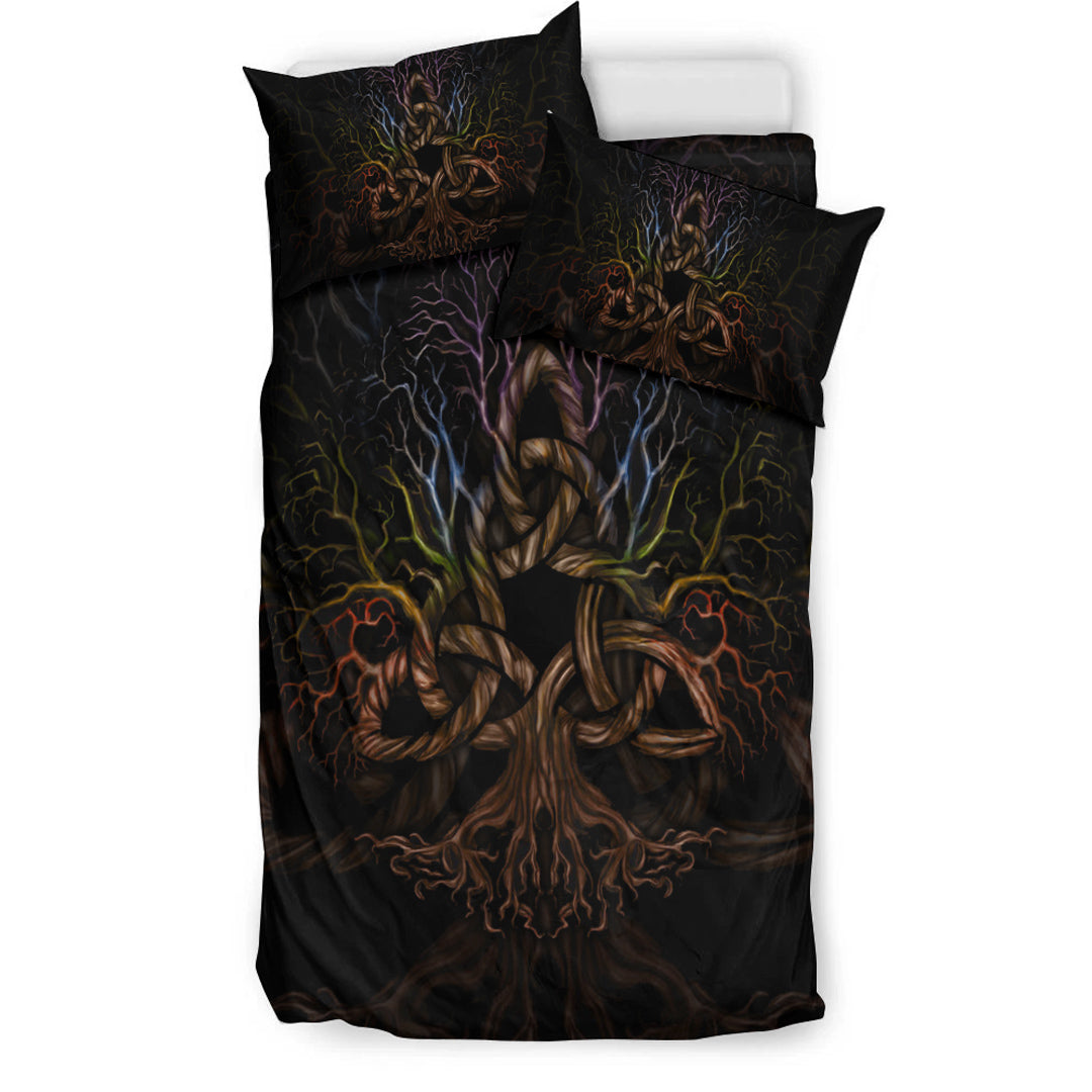 Viking Bedding Set Colorful Tree of Life With Triquetra