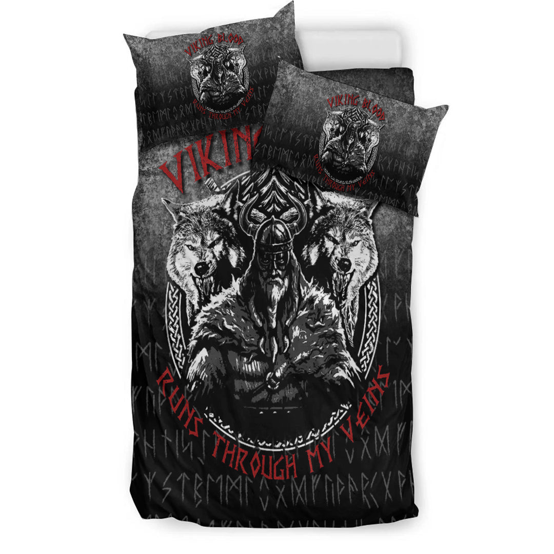 Viking Bedding Set Odin Geri And Freki Wolfs Viking Blood Runs Through My VeinsBedding Set