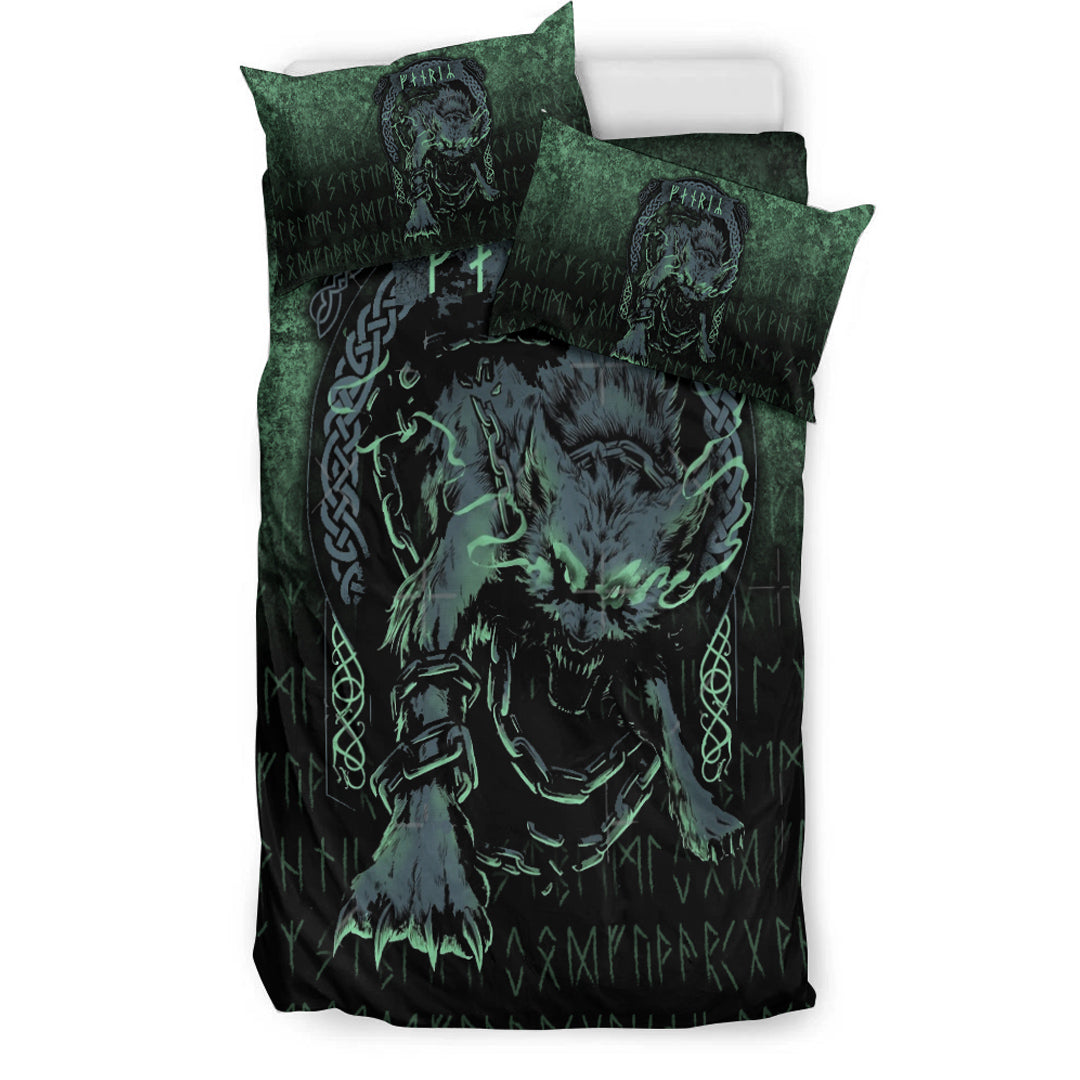 Viking Bedding Set Fenrir Wolf Norse Futhark Runes Viking Mythology Ragnarok Green