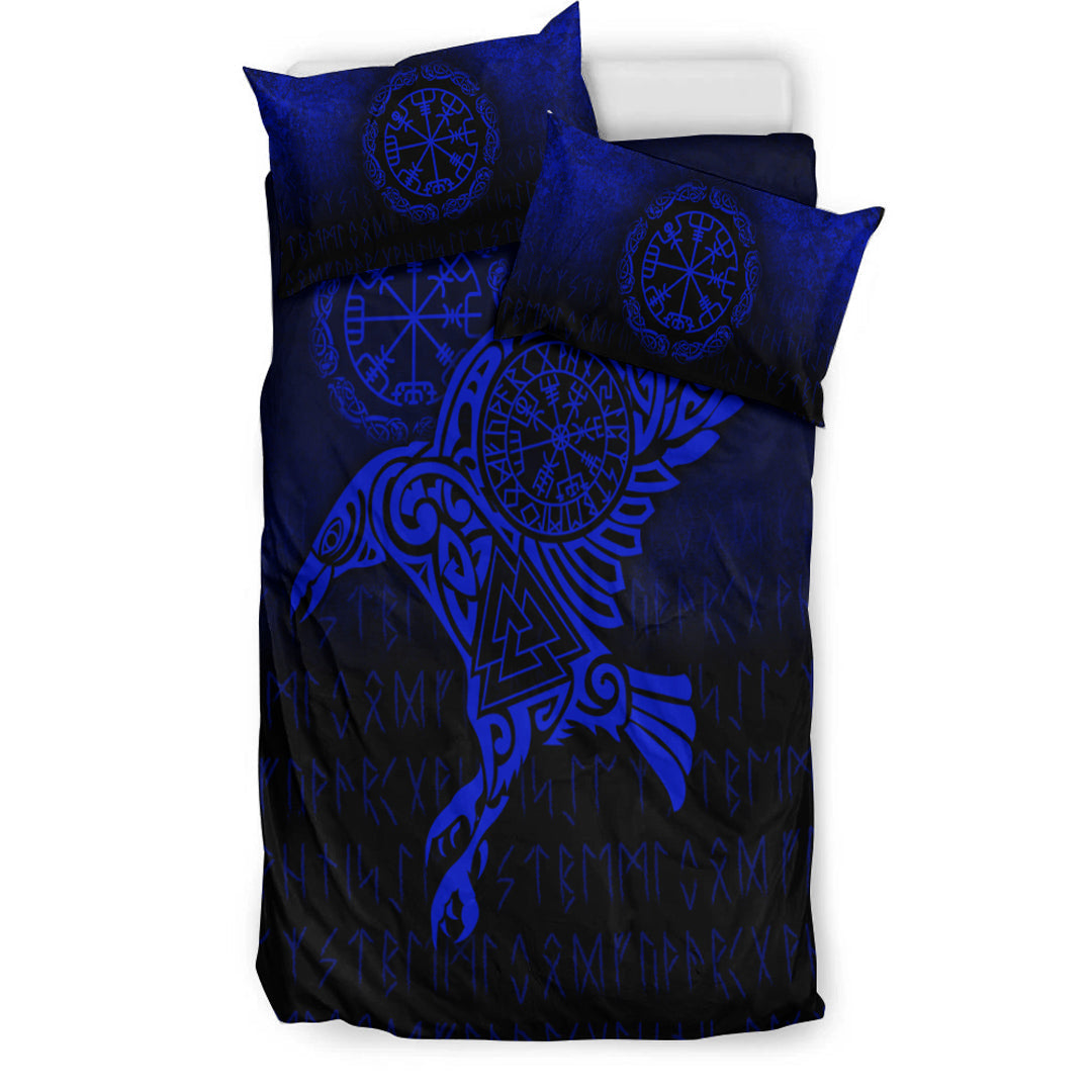 Viking Bedding Set Raven Vegvisir Tattoo Blue Version