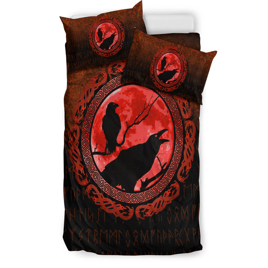 Viking Bedding Set Vikings Huginn Muninn Odin’s Ravens Red Version