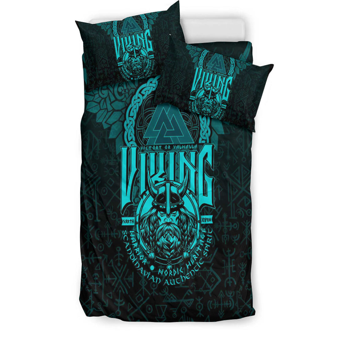 Viking Bedding Set Viking Warriors Valknut Cyan