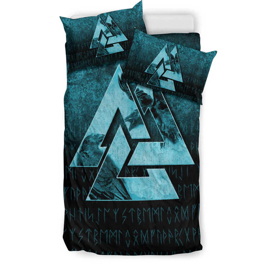 Viking Bedding Set Huginn Muninn Ravens from Odin Viking Cyan Version