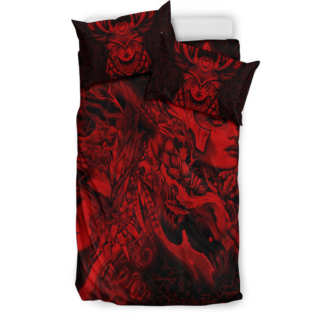 Viking Bedding Set Valkyries And Bear Raven Red Tree Cletic