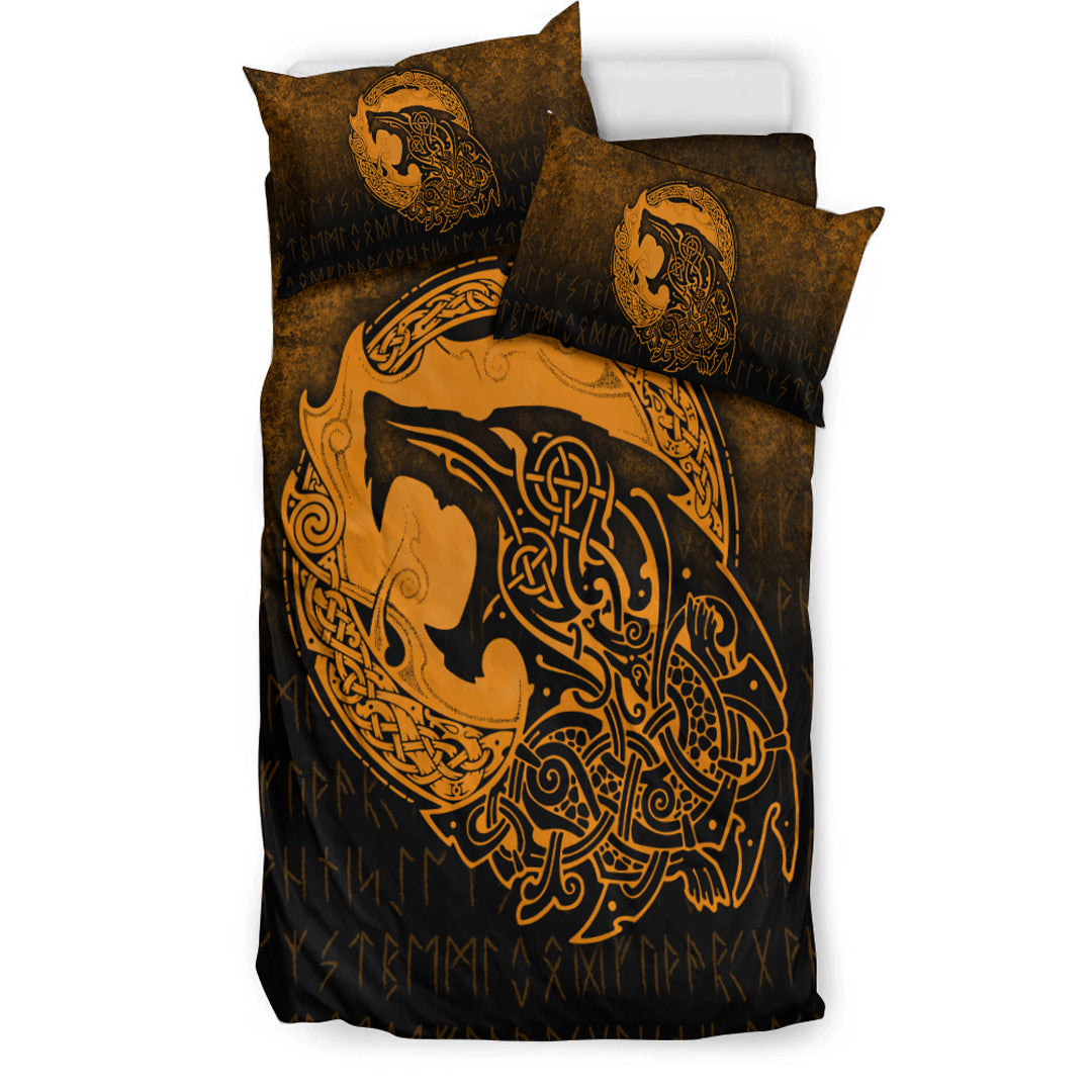 Viking Bedding Set Fenrir Viking 3D Tattoo Gold Version