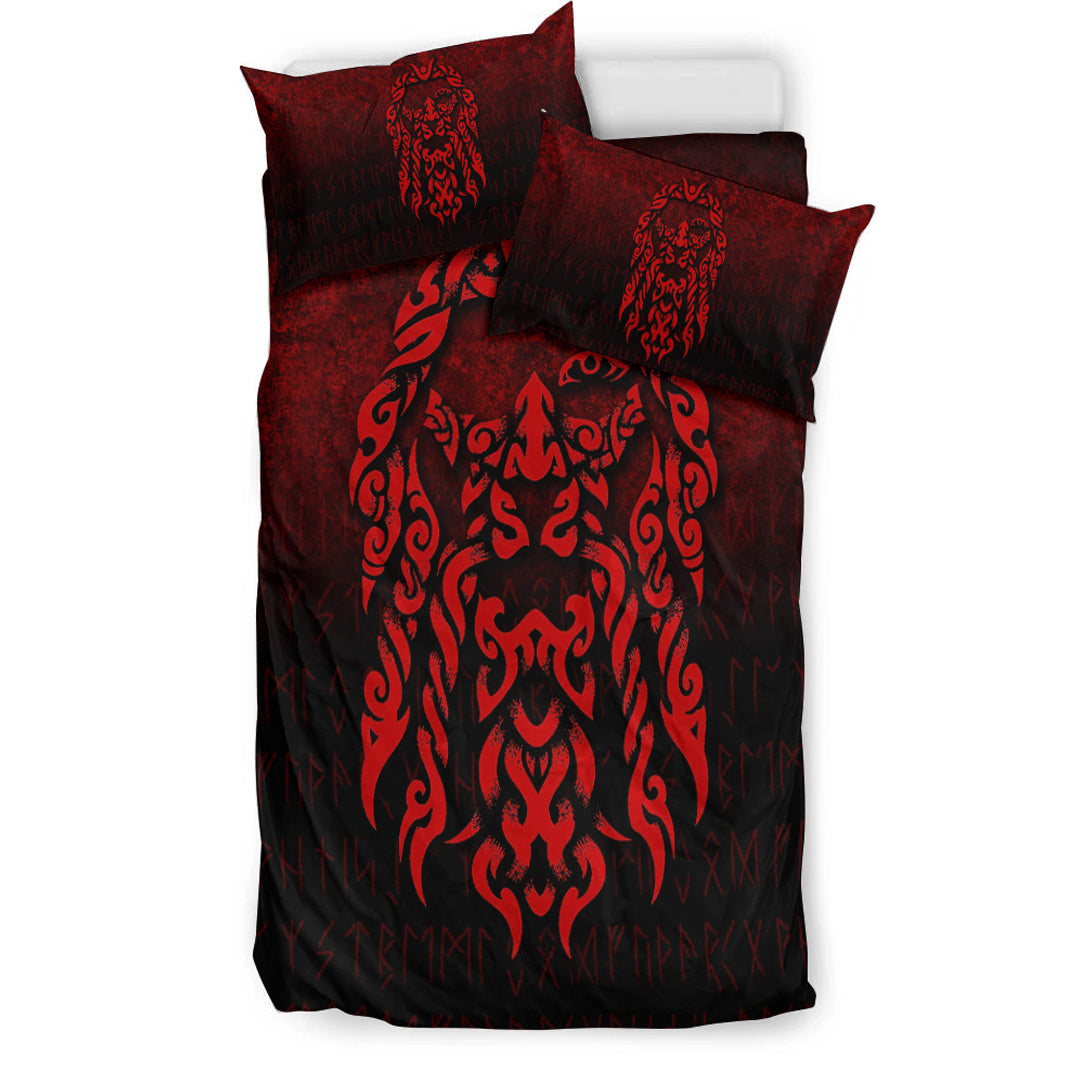 Viking Bedding Set Viking God Odin Allfather In Asgard Raven God Red Version