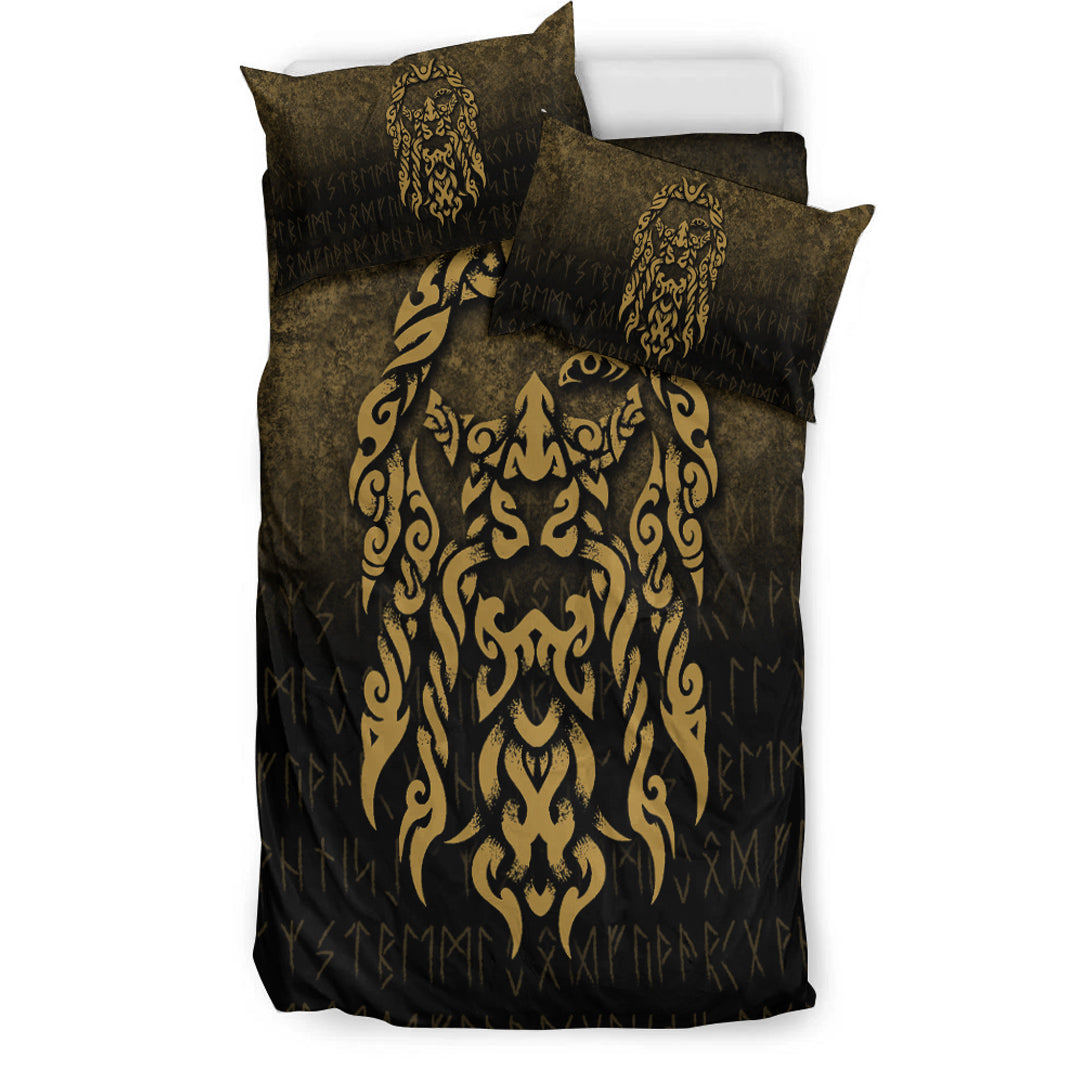 Viking Bedding Set Viking God Odin Allfather In Asgard Raven God Gold Version