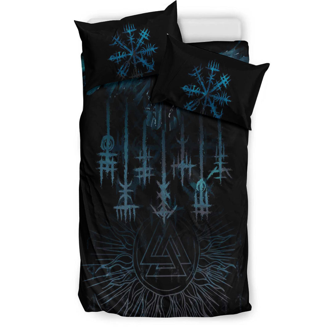 Viking Bedding Set Raven and Valknut Cyan Style