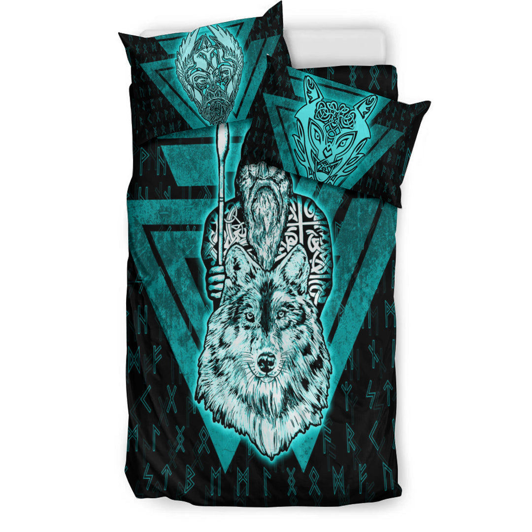 Viking Bedding Set Viking Odin Wolf Turquoise