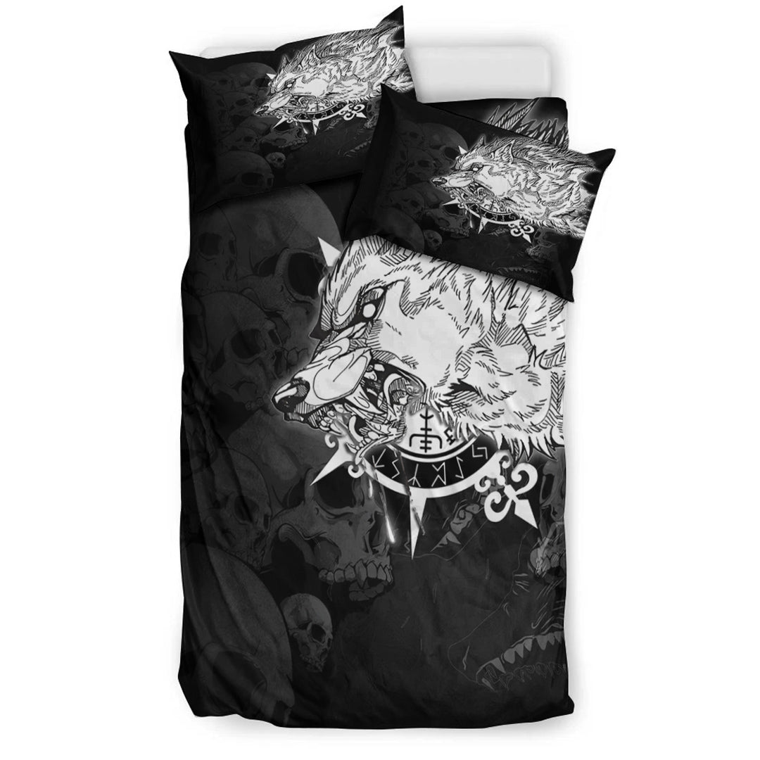 Viking Bedding Set Fenrir Wolf Skull and Sun Vegvisir