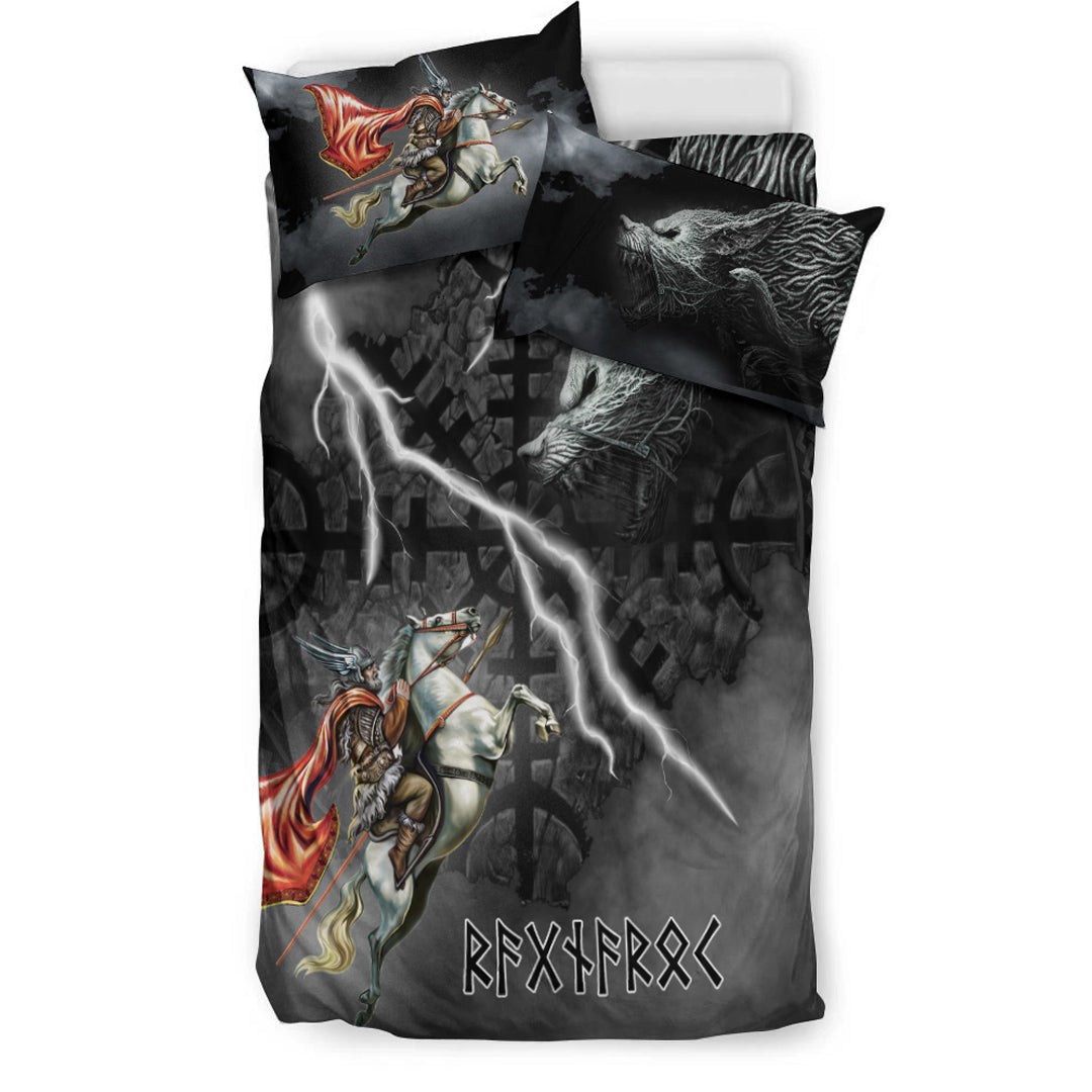 Viking Bedding Set Odin and Fenrir Thunder Background