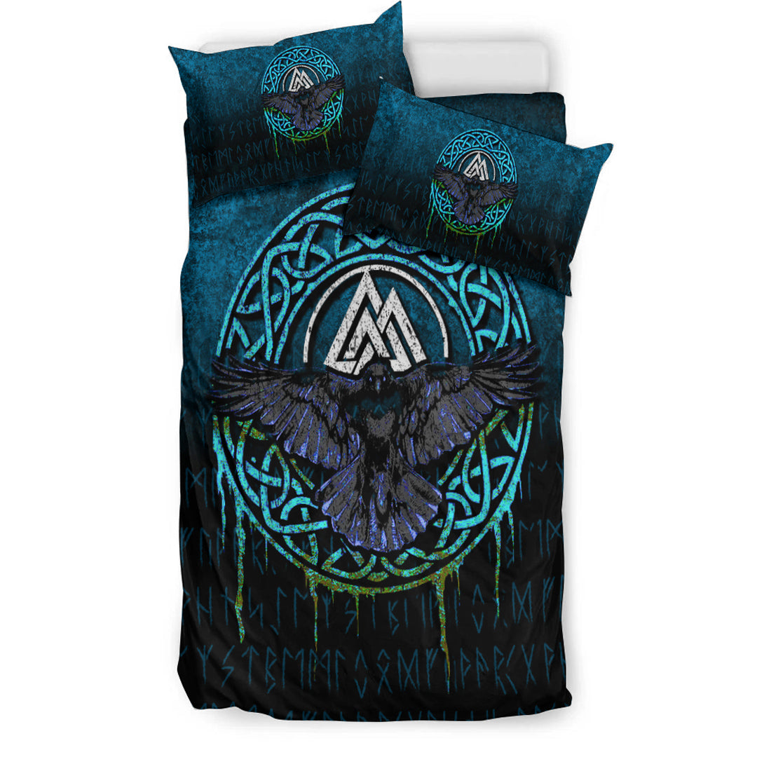 Viking Bedding Set Valhalla Norse Mythology Raven Black Crow Viking Cyan Version