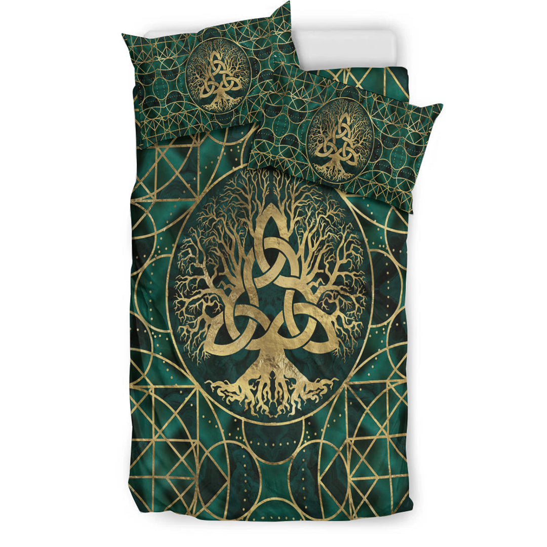 Viking Bedding Set Tree of Life with Triquetra Malachite and Gold