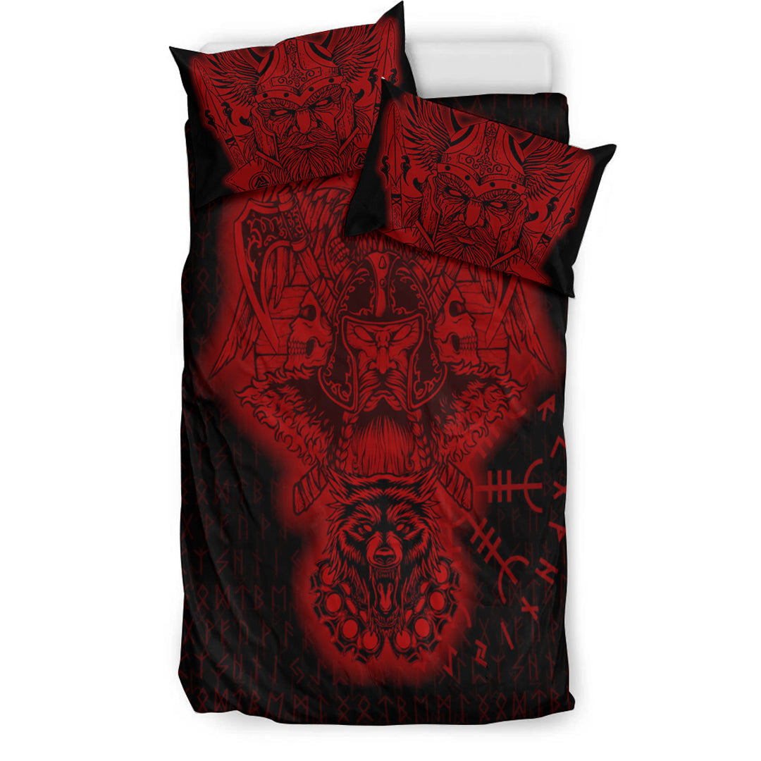 Viking Bedding Set Odin And Raven Wolf Red