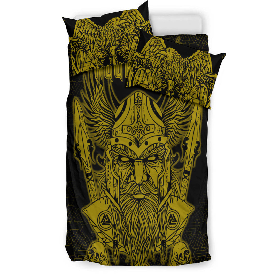 Viking Bedding Set Odin And Raven Gold Text